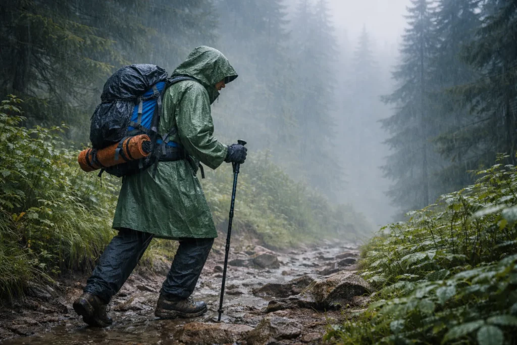 pendaki menggunakan jaket waterproof dan carrier berjalan di jalur hutan basah saat musim hujan dengan kondisi berkabut dan licin