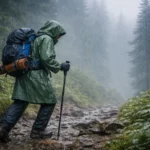 pendaki menggunakan jaket waterproof dan carrier berjalan di jalur hutan basah saat musim hujan dengan kondisi berkabut dan licin